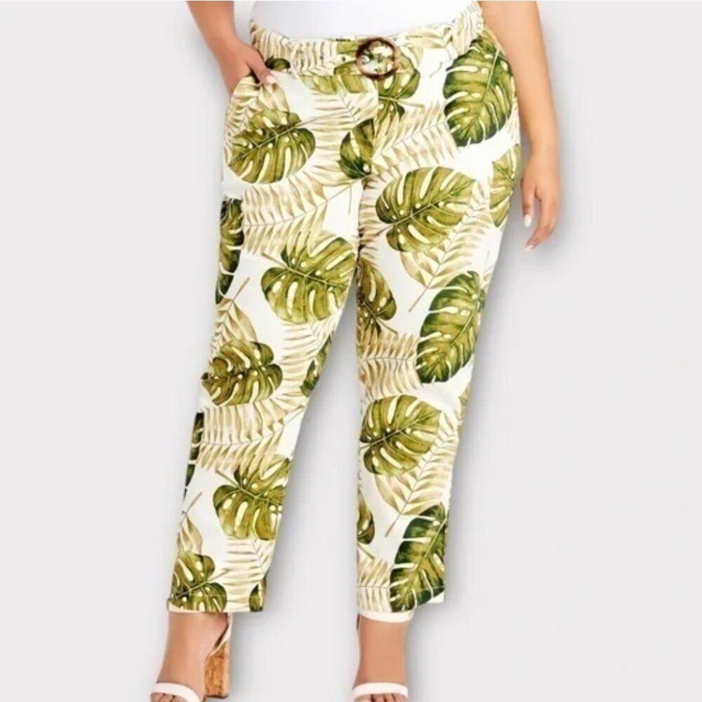 ASHLEY STEWART Plus Size White Green Floral Palm Leaf Tropical Belted Crop Pants